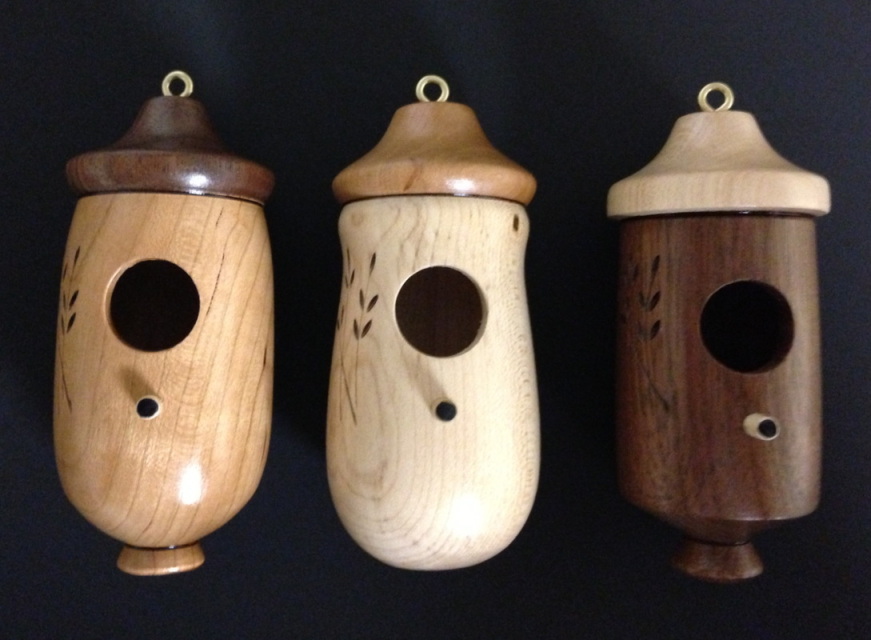 Hummingbird houses. Available in cherry, maple and walnut.
